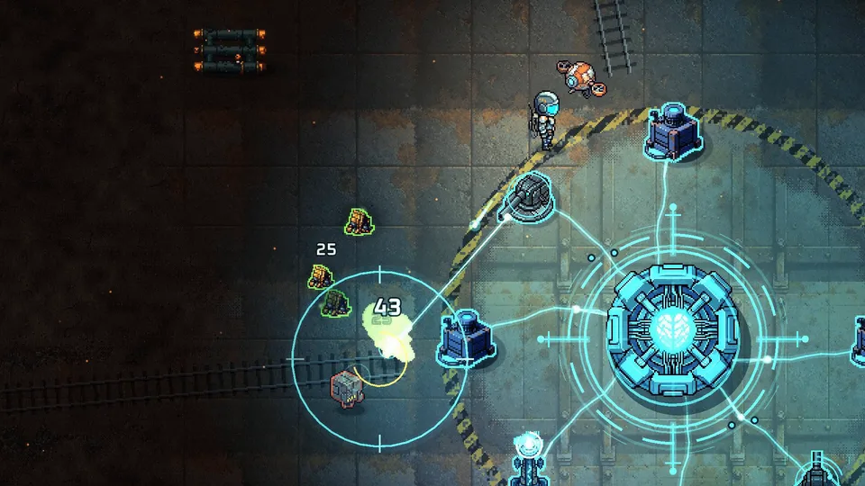 An Arc Spire throws lightning at robots near the Core in the Ashen Foundry